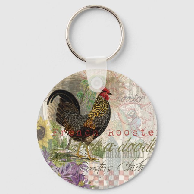 Vintage Rooster French Collage Farm Pet Key Ring (Front)