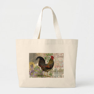 Vintage Rooster French Collage Farm Pet Large Tote Bag
