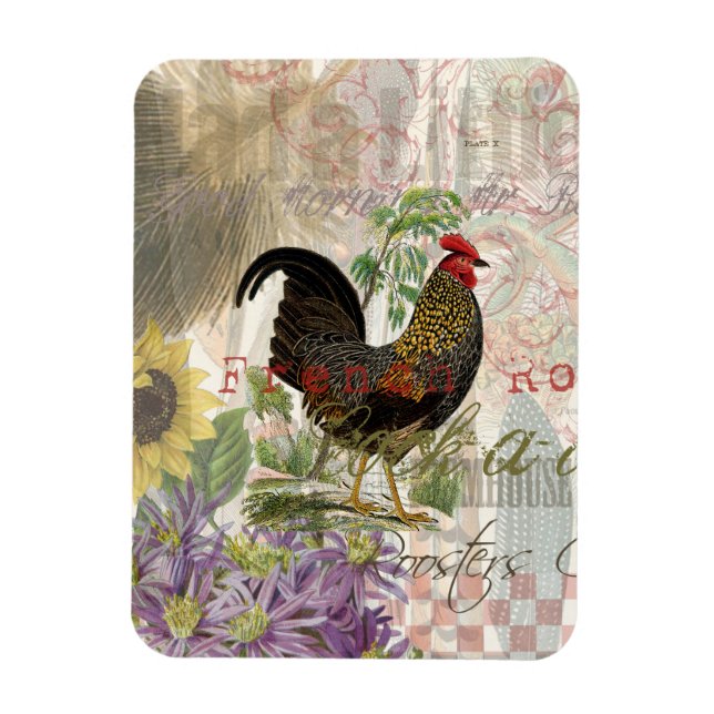 Vintage Rooster French Collage Farm Pet Magnet (Vertical)