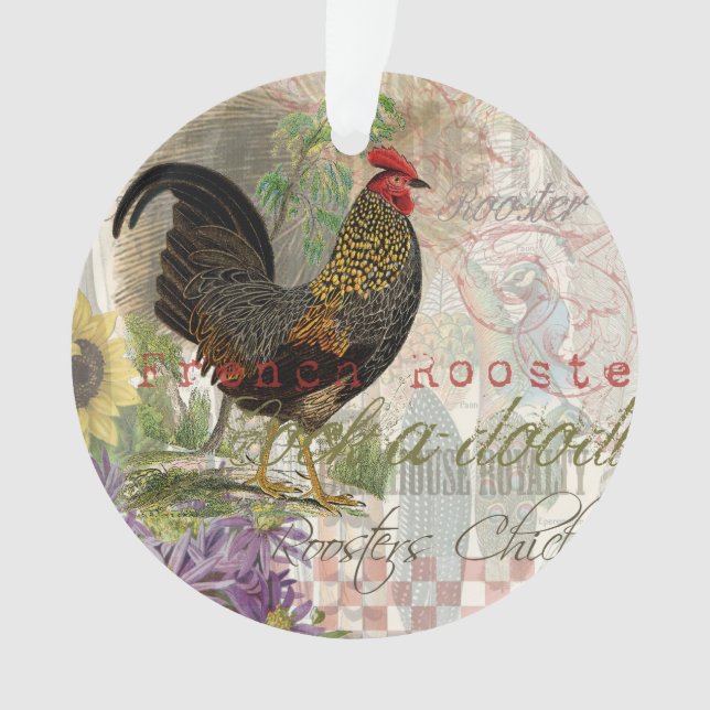 Vintage Rooster French Collage Farm Pet Ornament (Front)
