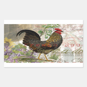 Vintage Rooster French Collage Farm Pet Rectangular Sticker