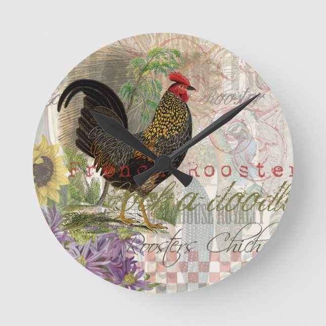 Vintage Rooster French Collage Farm Pet Round Clock (Front)