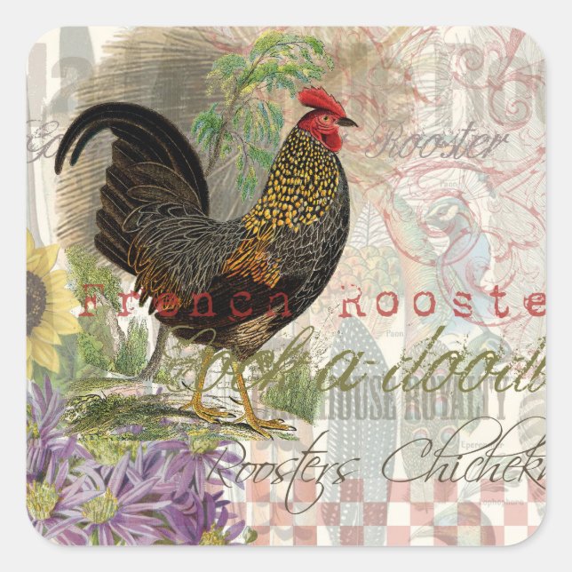 Vintage Rooster French Collage Farm Pet Square Sticker (Front)