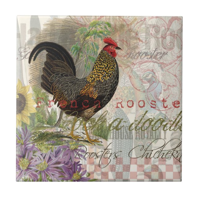 Vintage Rooster French Collage Farm Pet Tile (Front)