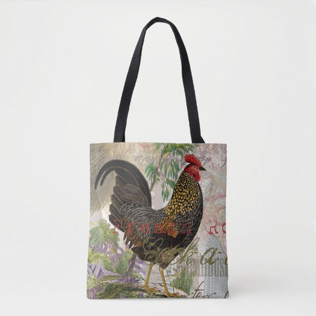 Vintage Rooster French Collage Farm Pet Tote Bag (Front)