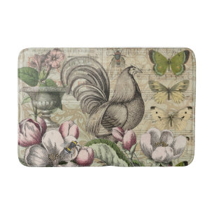 Vintage Rooster Garden Collage Art: French Country Bath Mat