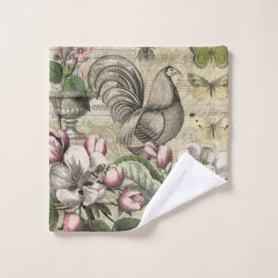 Vintage Rooster Garden Collage Art: French Country Bath Towel Set