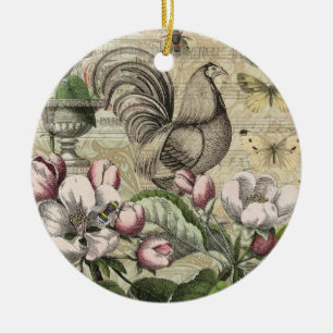 Vintage Rooster Garden Collage Art: French Country Ceramic Tree Decoration