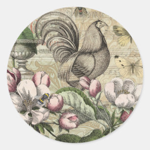 Vintage Rooster Garden Collage Art: French Country Classic Round Sticker