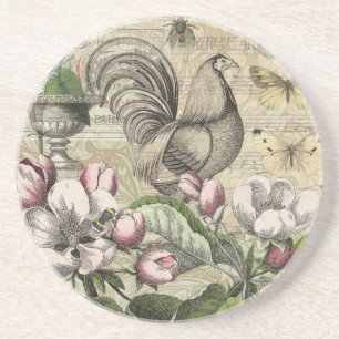 Vintage Rooster Garden Collage Art: French Country Coaster