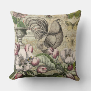 Vintage Rooster Garden Collage Art: French Country Cushion