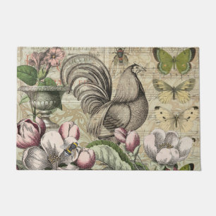 Vintage Rooster Garden Collage Art: French Country Doormat