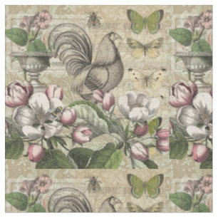 Vintage Rooster Garden Collage Art: French Country Fabric