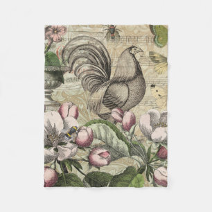 Vintage Rooster Garden Collage Art: French Country Fleece Blanket