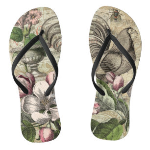Vintage Rooster Garden Collage Art: French Country Flip Flops