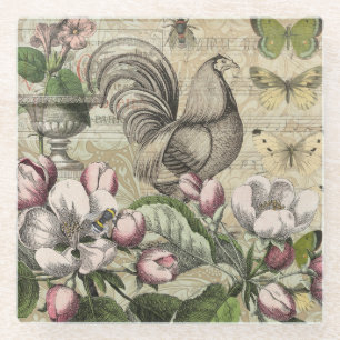 Vintage Rooster Garden Collage Art: French Country Glass Coaster