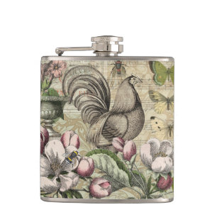 Vintage Rooster Garden Collage Art: French Country Hip Flask