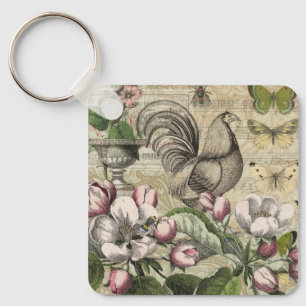 Vintage Rooster Garden Collage Art: French Country Key Ring