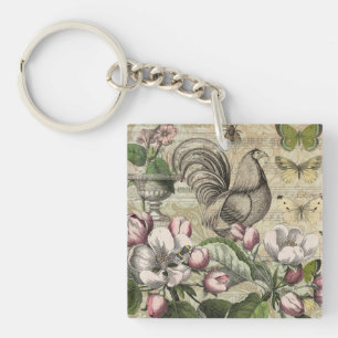 Vintage Rooster Garden Collage Art: French Country Key Ring