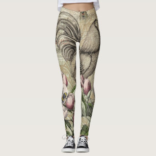 Vintage Rooster Garden Collage Art: French Country Leggings