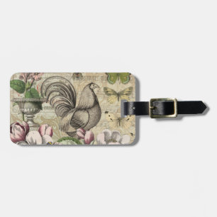 Vintage Rooster Garden Collage Art: French Country Luggage Tag
