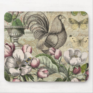 Vintage Rooster Garden Collage Art: French Country Mouse Mat