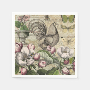 Vintage Rooster Garden Collage Art: French Country Napkin
