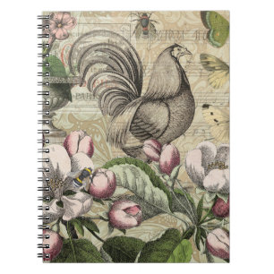 Vintage Rooster Garden Collage Art: French Country Notebook