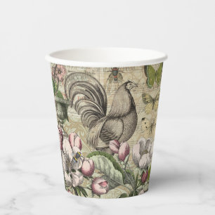 Vintage Rooster Garden Collage Art: French Country Paper Cups