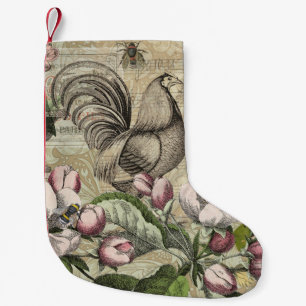 Vintage Rooster Garden Collage Art: French Country Small Christmas Stocking