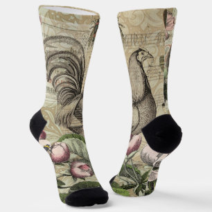 Vintage Rooster Garden Collage Art: French Country Socks
