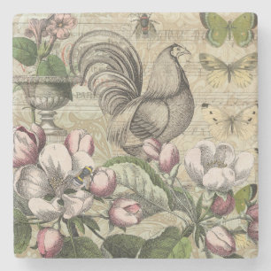 Vintage Rooster Garden Collage Art: French Country Stone Coaster