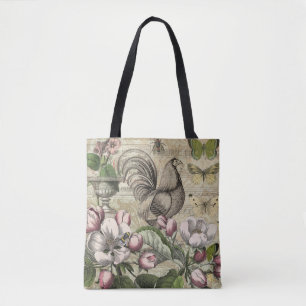 Vintage Rooster Garden Collage Art: French Country Tote Bag