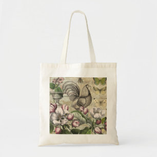 Vintage Rooster Garden Collage Art: French Country Tote Bag