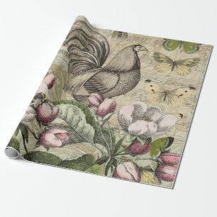 Vintage Rooster Garden Collage Art: French Country Wrapping Paper