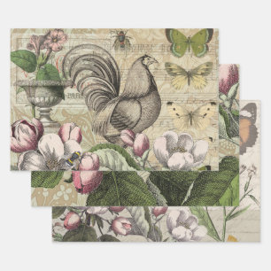 Vintage Rooster Garden Collage Art: French Country Wrapping Paper Sheet