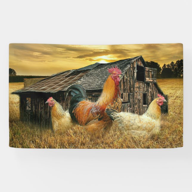 Vintage Rooster Hens Rustic Barn Coop Banner (Horizontal)