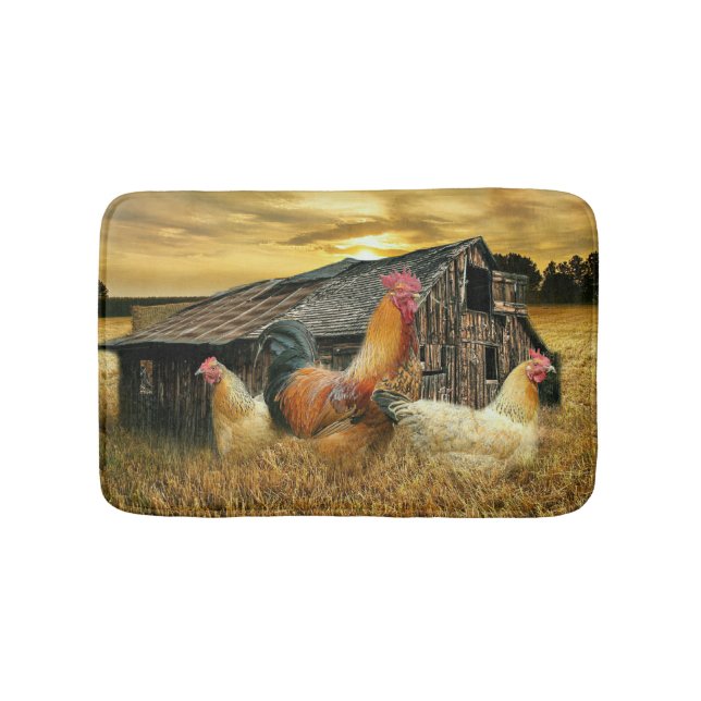 Vintage Rooster Hens Rustic Barn Coop Bath Mat (Front)