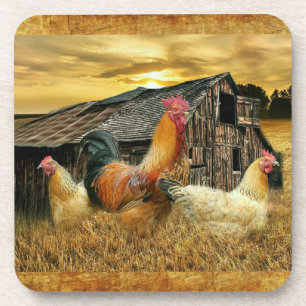 Vintage Rooster Hens Rustic Barn Coop Coaster