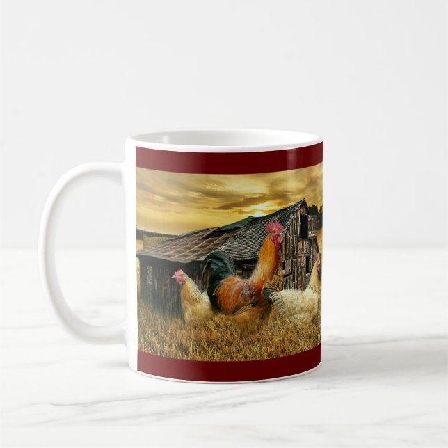 Vintage Rooster Hens Rustic Barn Coop Coffee Mug (Left)
