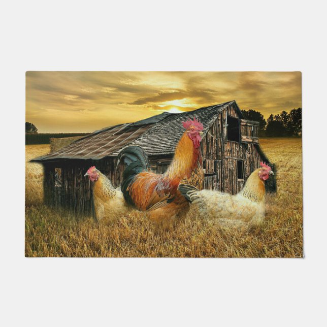 Vintage Rooster Hens Rustic Barn Coop Doormat (Front)