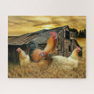 Vintage Rooster Hens Rustic Barn Coop Jigsaw Puzzle