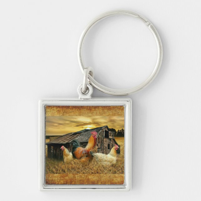 Vintage Rooster Hens Rustic Barn Coop Key Ring (Front)