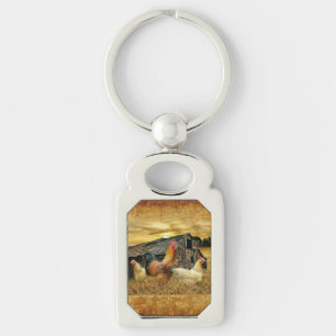 Vintage Rooster Hens Rustic Barn Coop Key Ring