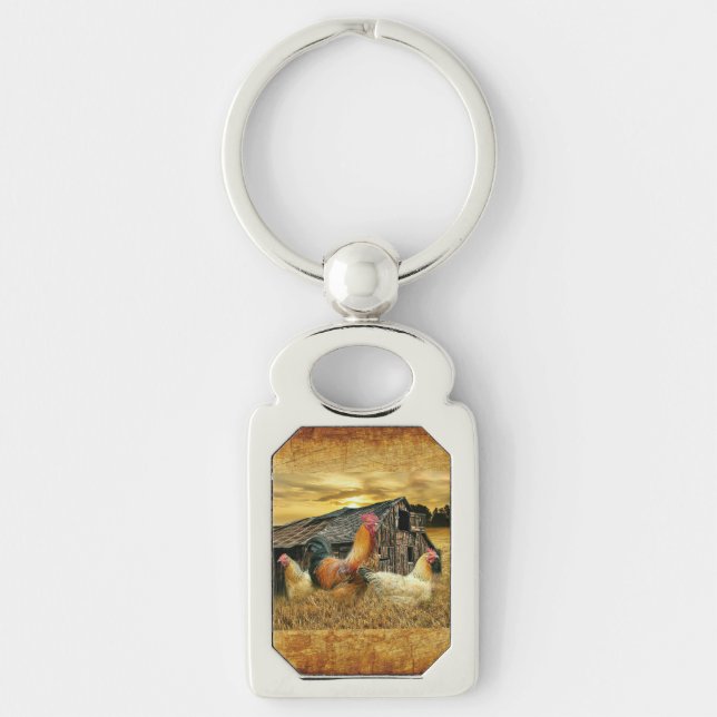 Vintage Rooster Hens Rustic Barn Coop Key Ring (Front)