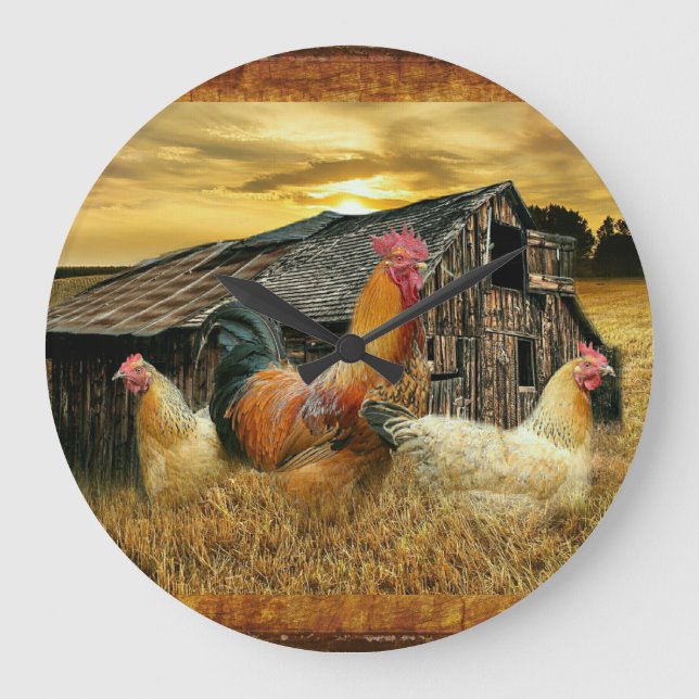 Vintage Rooster Hens Rustic Barn Coop Large Clock (Front)
