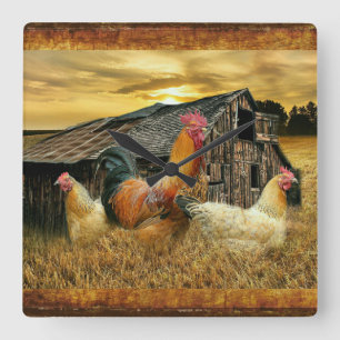 Vintage Rooster Hens Rustic Barn Coop Square Wall Clock
