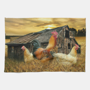 Vintage Rooster Hens Rustic Barn Coop Tea Towel
