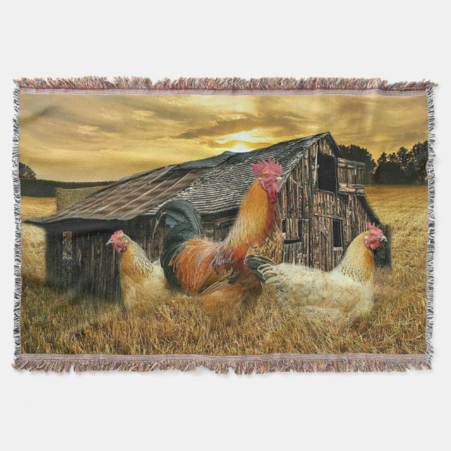 Vintage Rooster Hens Rustic Barn Coop Throw Blanket (Front)