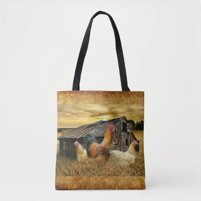 Vintage Rooster Hens Rustic Barn Coop Tote Bag (Front)